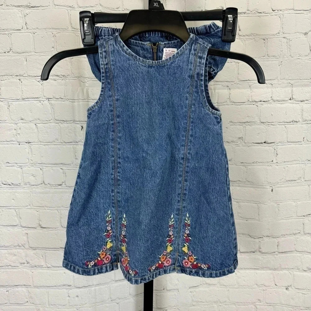 Vintage Gymboree Denim Dress Jumper Embroidered Flowers Size 18-24 Months